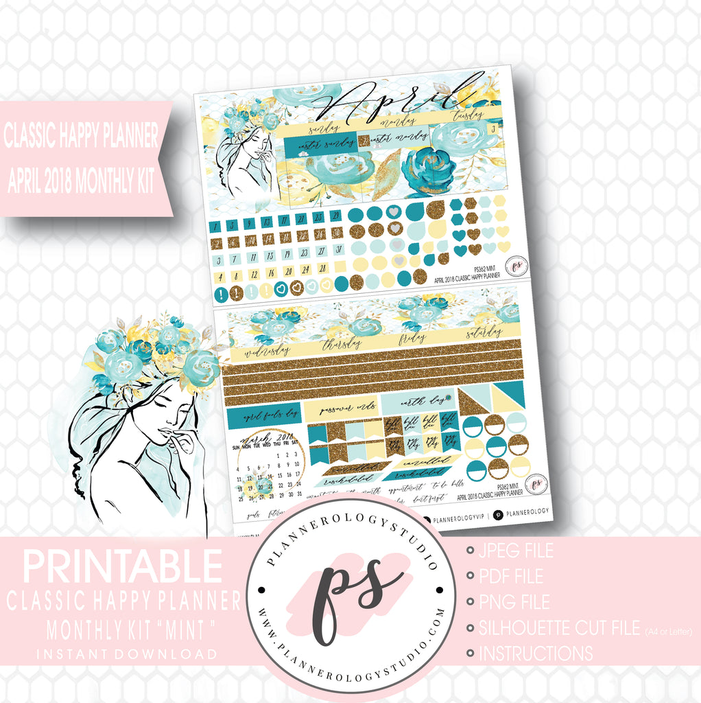 Mint April 2018 Monthly View Kit Digital Printable Planner Stickers (for use with Classic Happy Planner) - Plannerologystudio