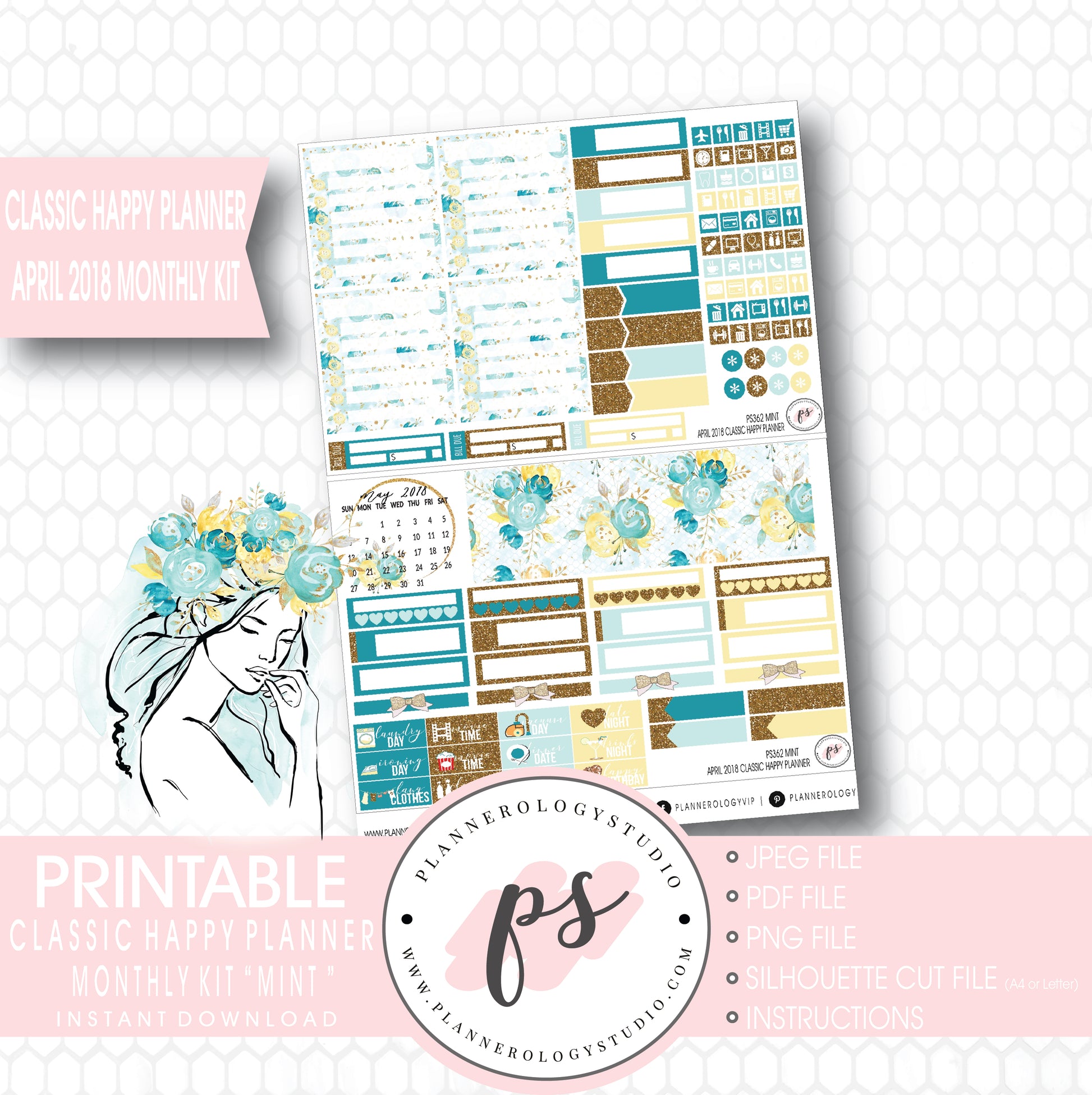 Mint April 2018 Monthly View Kit Digital Printable Planner Stickers (for use with Classic Happy Planner) - Plannerologystudio