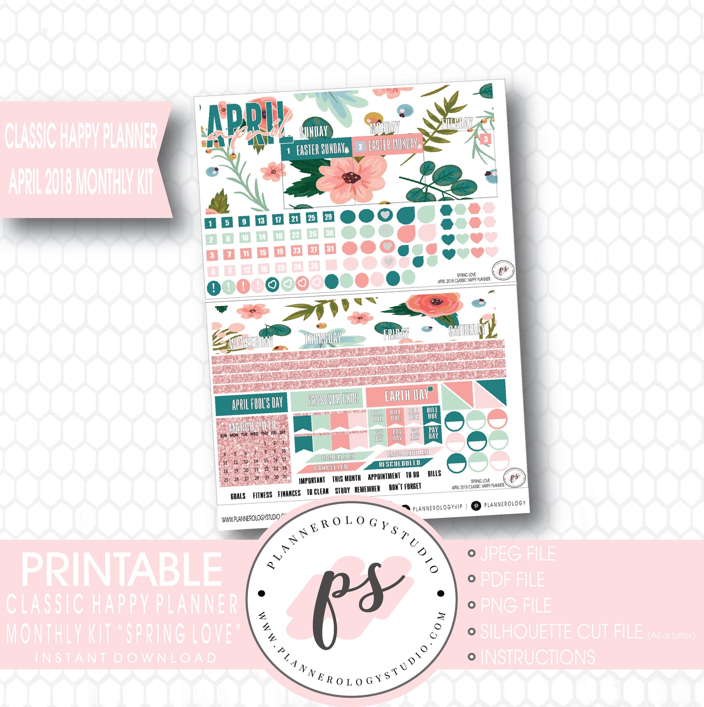 Spring Love April 2018 Monthly View Kit Digital Printable Planner Stickers (for use with Classic Happy Planner) - Plannerologystudio