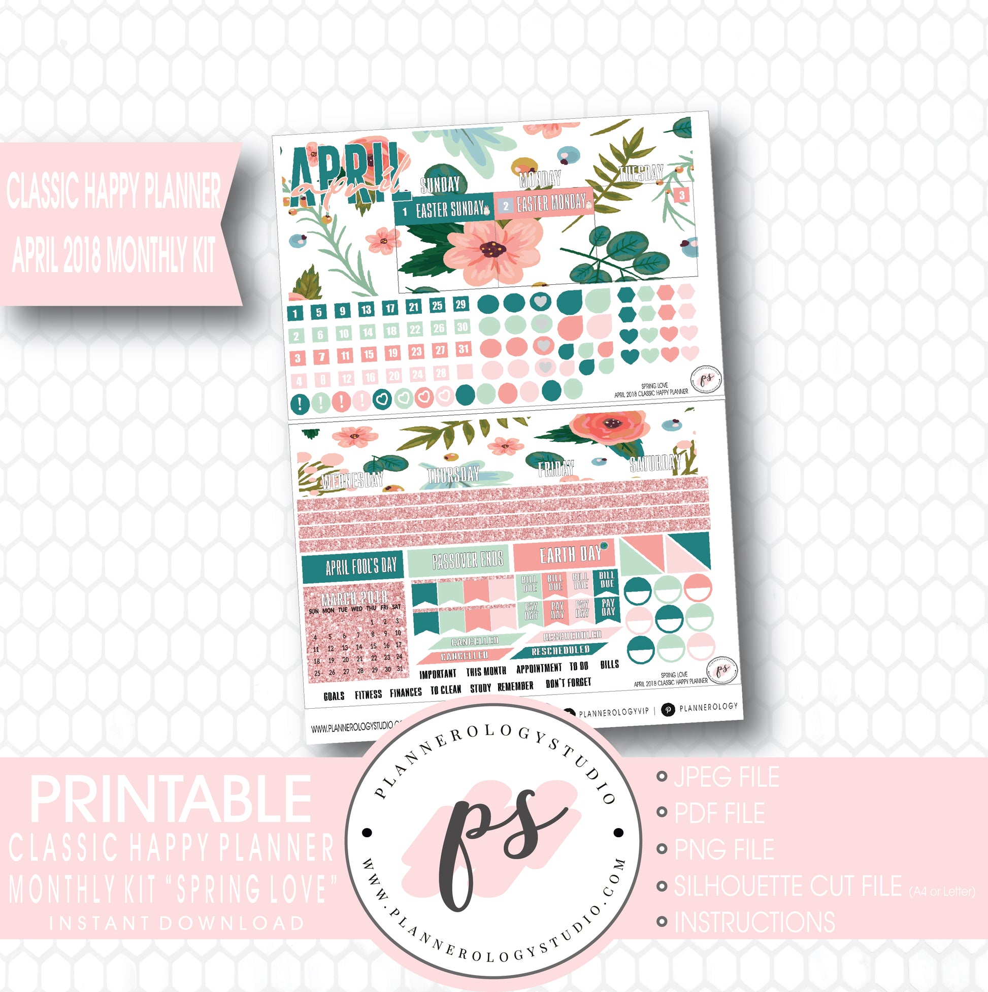 Spring Love April 2018 Monthly View Kit Digital Printable Planner Stickers (for use with Erin Condren) - Plannerologystudio