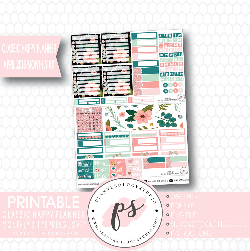 Spring Love April 2018 Monthly View Kit Digital Printable Planner Stickers (for use with Classic Happy Planner) - Plannerologystudio