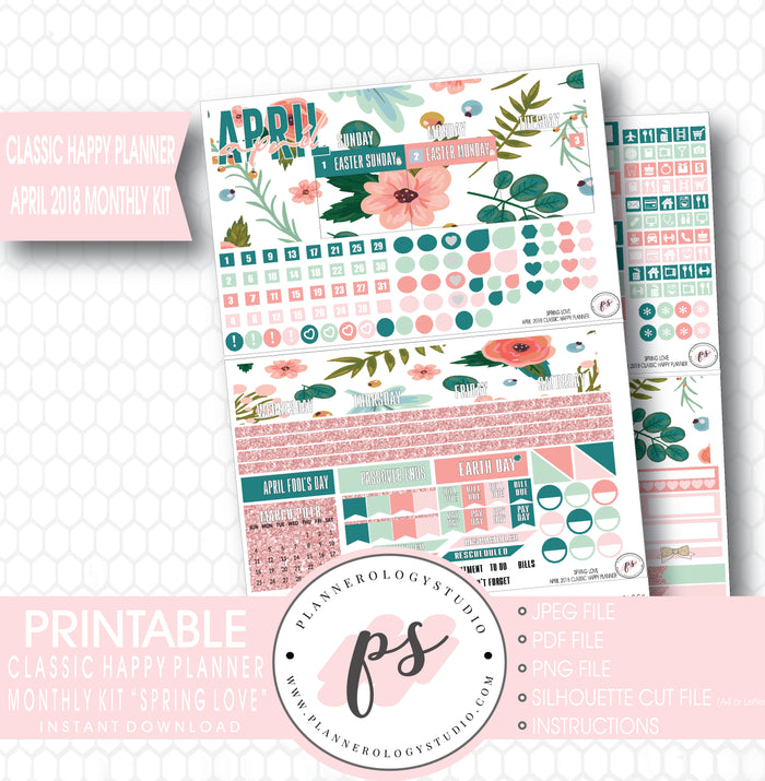 Spring Love April 2018 Monthly View Kit Digital Printable Planner Stickers (for use with Classic Happy Planner) - Plannerologystudio