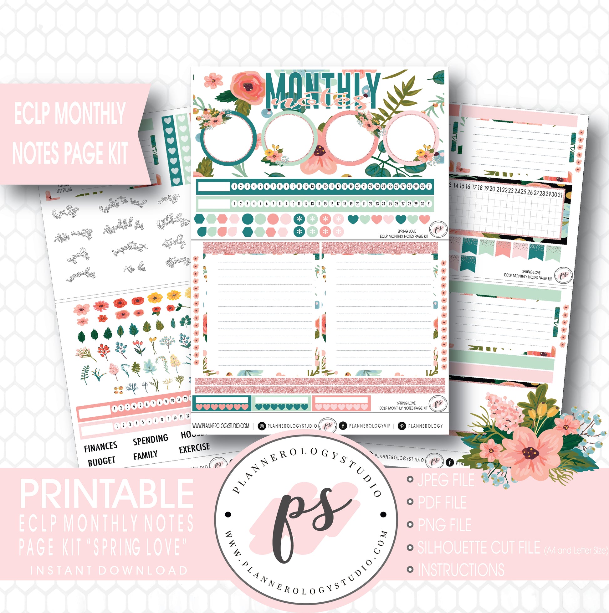 Spring Love Monthly Notes Page Kit Digital Printable Planner Stickers (for use with ECLP) - Plannerologystudio