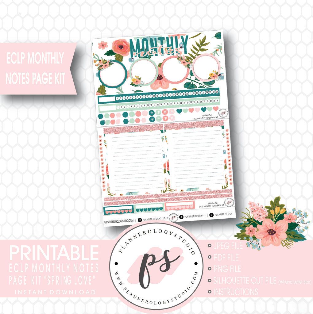 Spring Love Monthly Notes Page Kit Digital Printable Planner Stickers (for use with ECLP) - Plannerologystudio