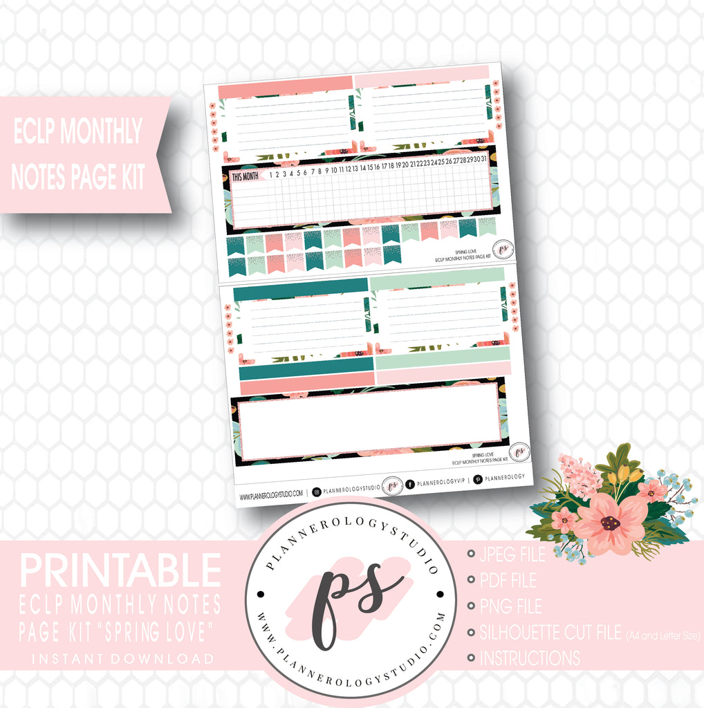 Spring Love Monthly Notes Page Kit Digital Printable Planner Stickers (for use with ECLP) - Plannerologystudio
