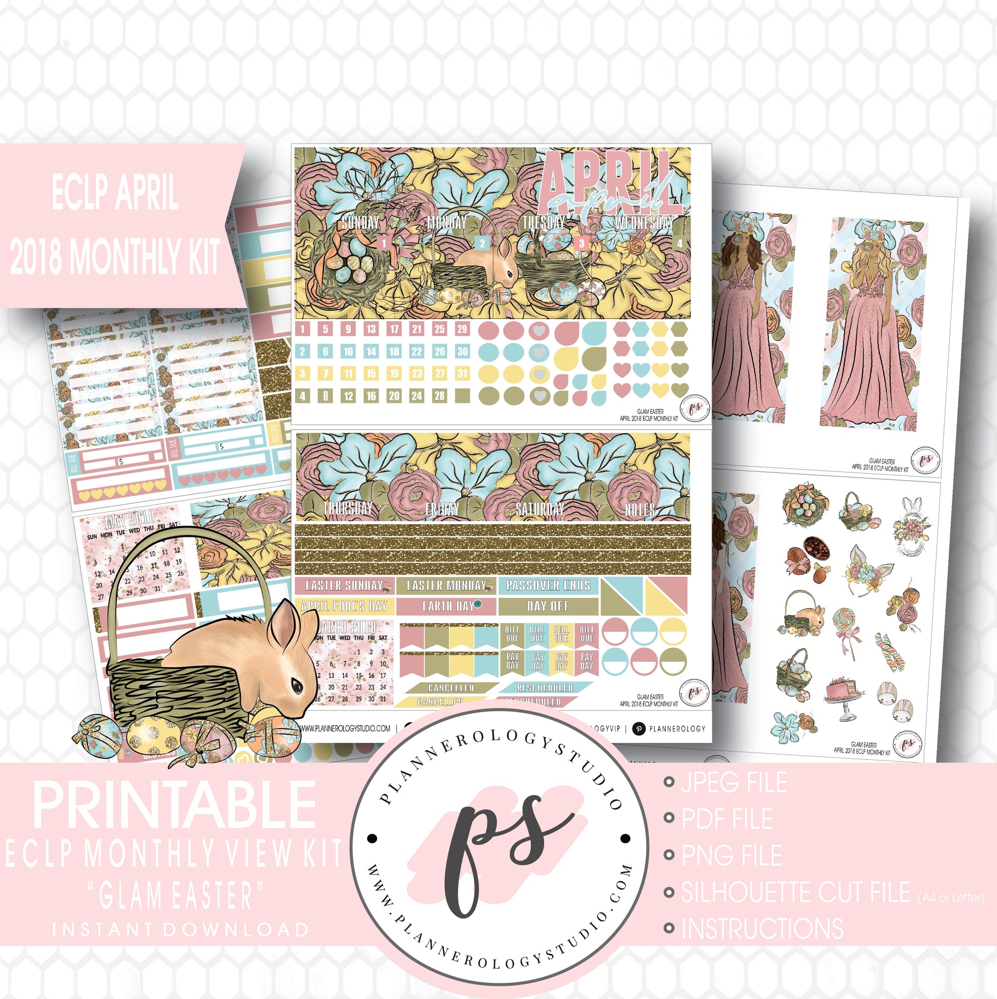 Glam Easter April 2018 Monthly View Kit Digital Printable Planner Stickers (for use with Erin Condren) - Plannerologystudio