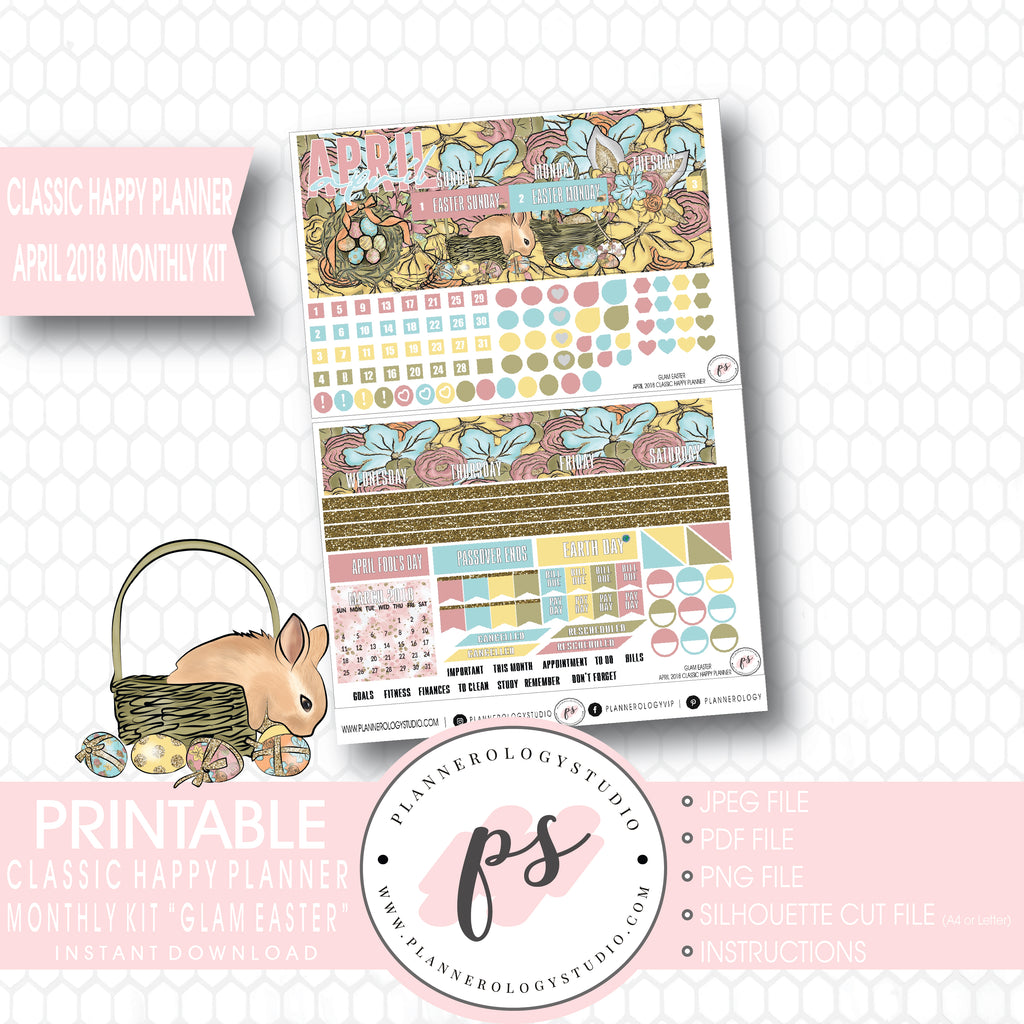 Glam Easter April 2018 Monthly View Kit Digital Printable Planner Stickers (for use with Classic Happy Planner) - Plannerologystudio
