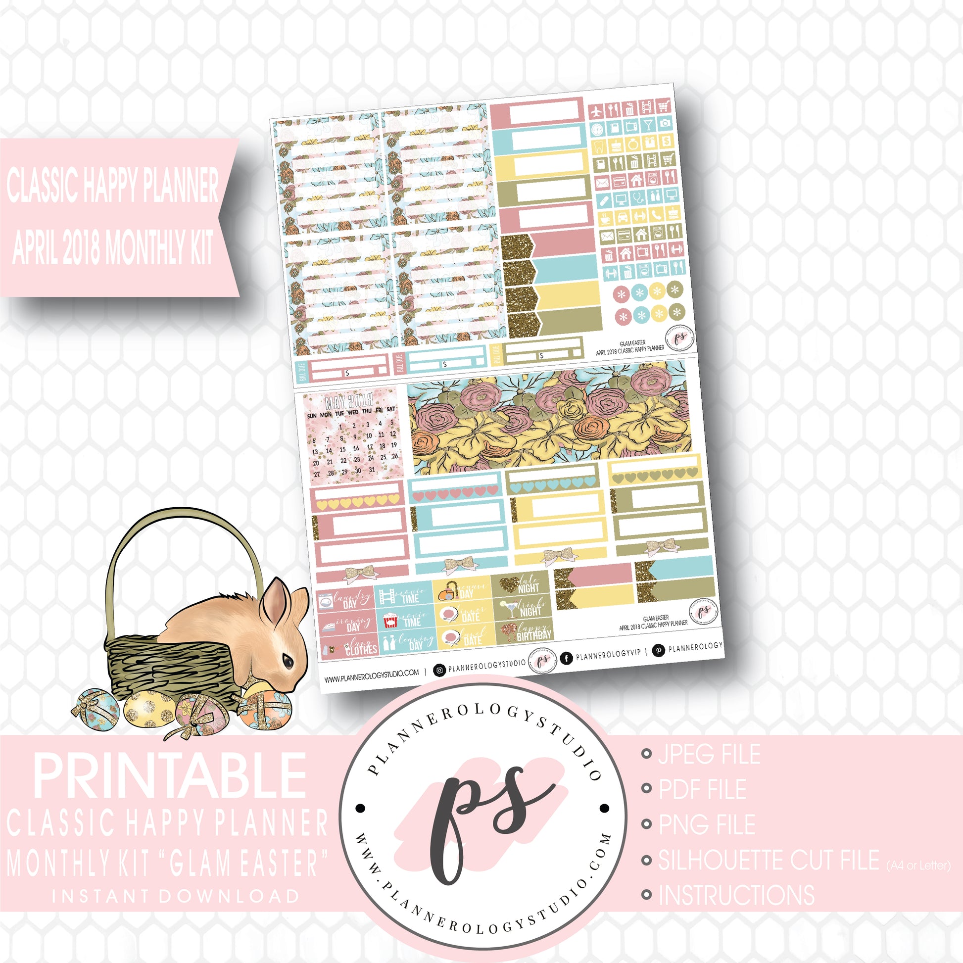 Glam Easter April 2018 Monthly View Kit Digital Printable Planner Stickers (for use with Classic Happy Planner) - Plannerologystudio