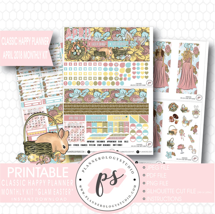 Glam Easter April 2018 Monthly View Kit Digital Printable Planner Stickers (for use with Classic Happy Planner) - Plannerologystudio