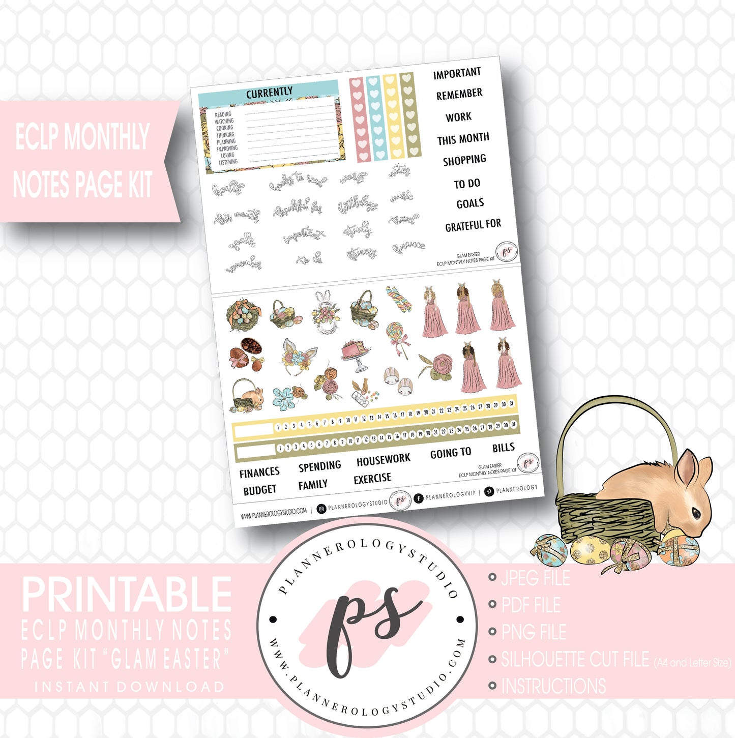Glam Easter Monthly Notes Page Kit Digital Printable Planner Stickers (for use with ECLP) - Plannerologystudio