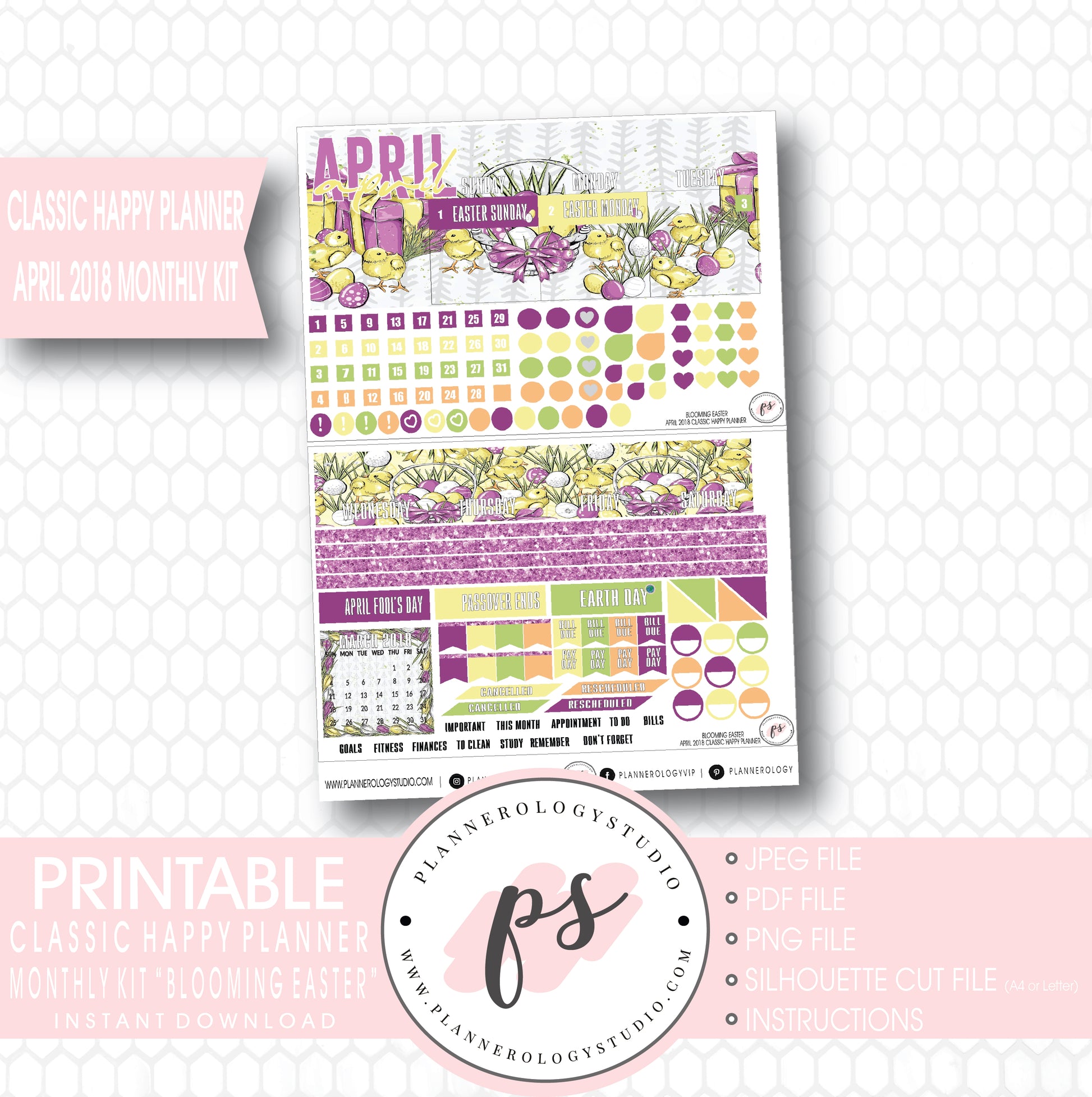 Blooming Easter April 2018 Monthly View Kit Digital Printable Planner Stickers (for use with Classic Happy Planner) - Plannerologystudio
