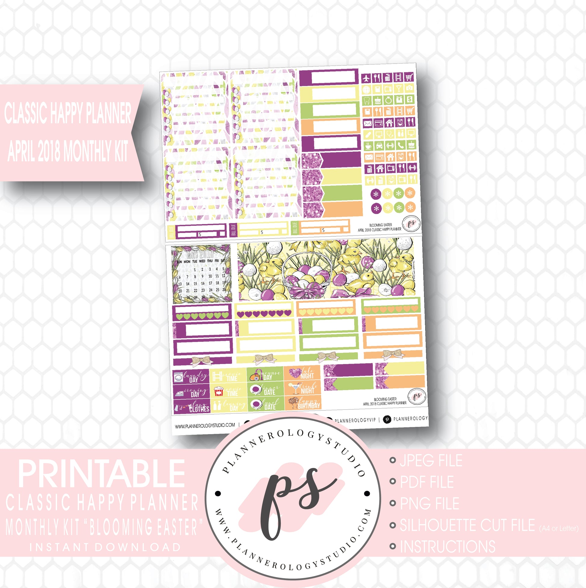 Blooming Easter April 2018 Monthly View Kit Digital Printable Planner Stickers (for use with Classic Happy Planner) - Plannerologystudio