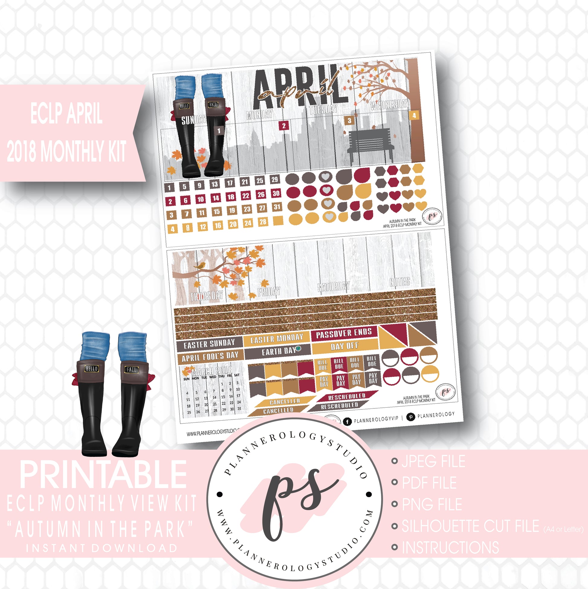 Autumn in the Park April 2018 Monthly View Kit Digital Printable Planner Stickers (for use with Erin Condren) - Plannerologystudio