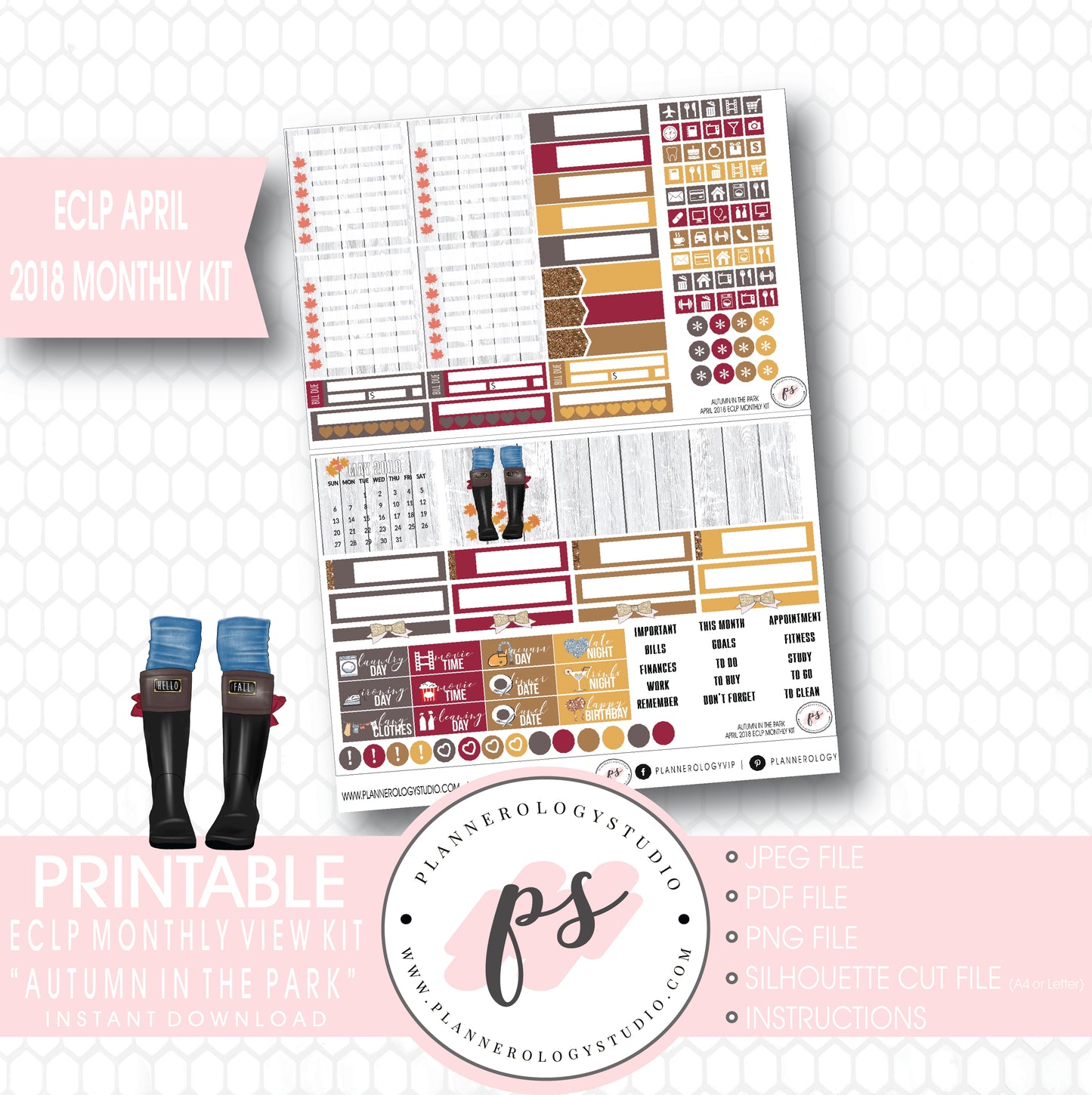 Autumn in the Park April 2018 Monthly View Kit Digital Printable Planner Stickers (for use with Erin Condren) - Plannerologystudio