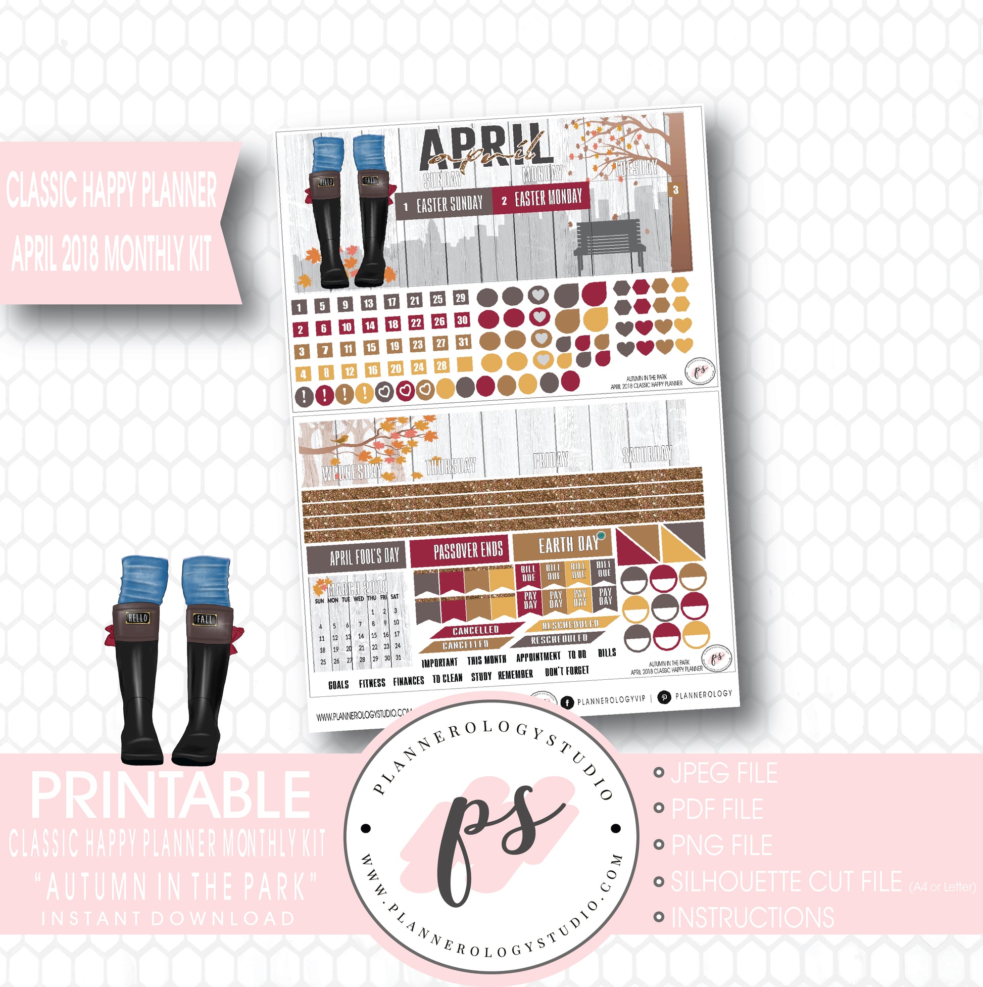 Autumn in the Park April 2018 Monthly View Kit Digital Printable Planner Stickers (for use with Classic Happy Planner) - Plannerologystudio