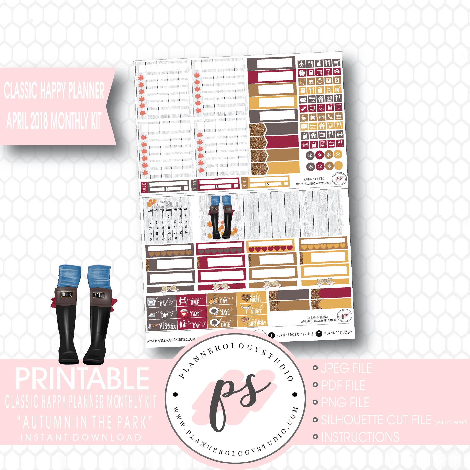 Autumn in the Park April 2018 Monthly View Kit Digital Printable Planner Stickers (for use with Classic Happy Planner) - Plannerologystudio