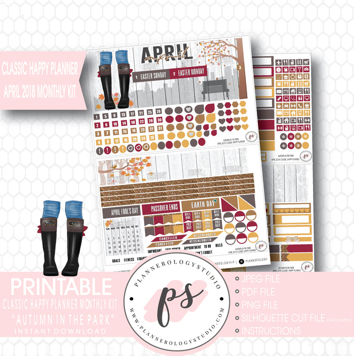 Autumn in the Park April 2018 Monthly View Kit Digital Printable Planner Stickers (for use with Classic Happy Planner) - Plannerologystudio
