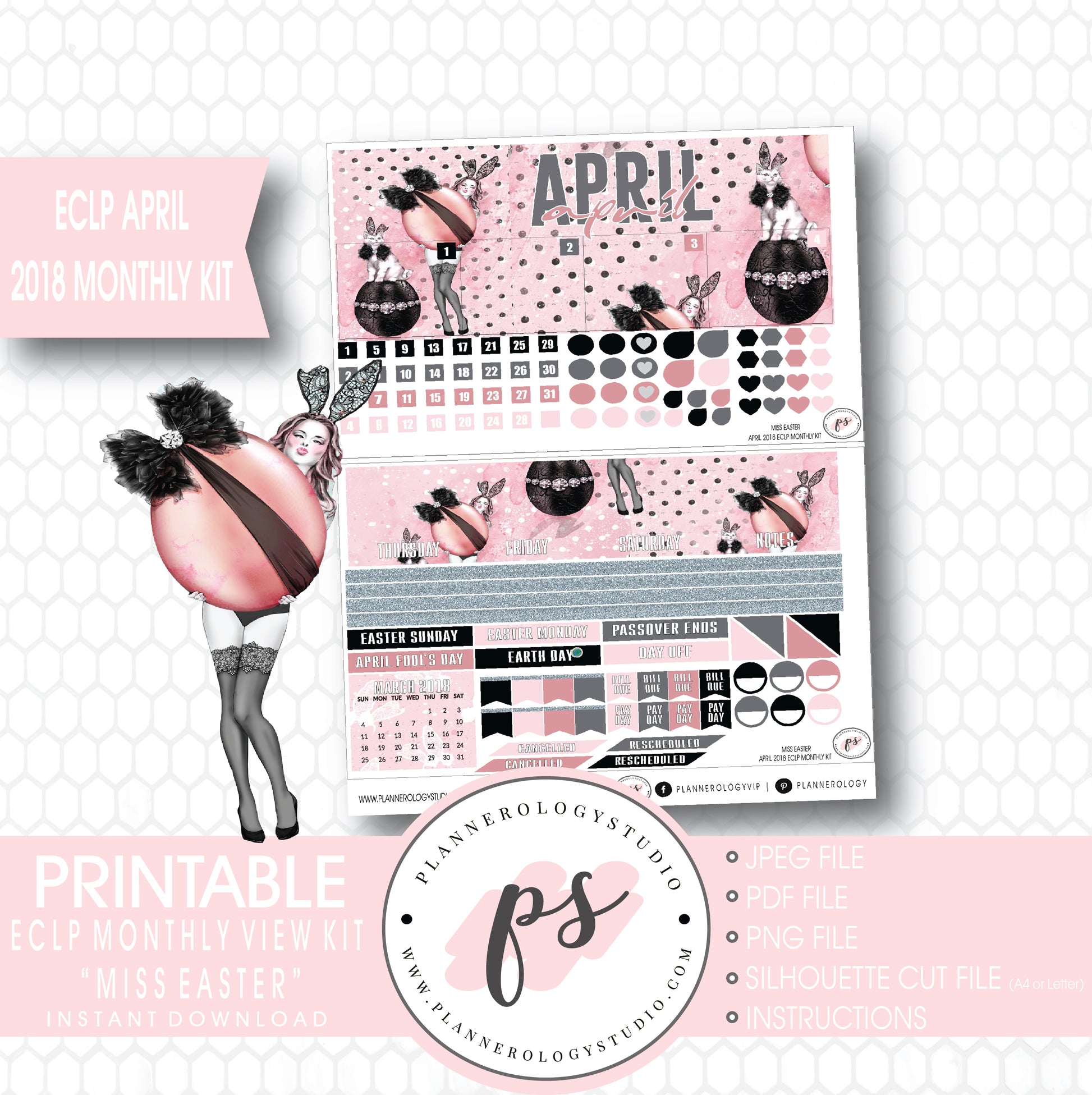 Miss Easter April 2018 Monthly View Kit Digital Printable Planner Stickers (for use with Erin Condren) - Plannerologystudio