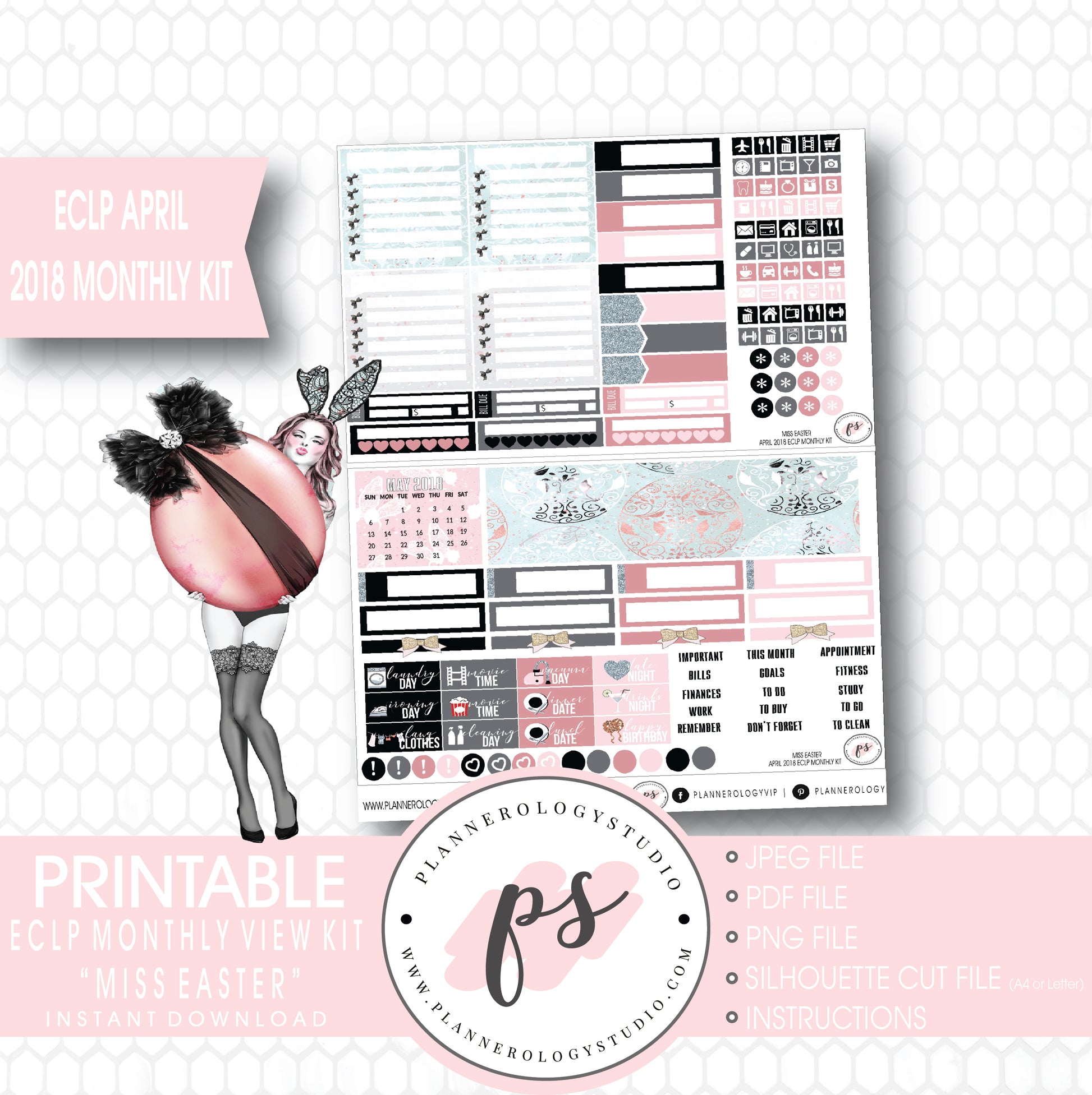 Miss Easter April 2018 Monthly View Kit Digital Printable Planner Stickers (for use with Erin Condren) - Plannerologystudio