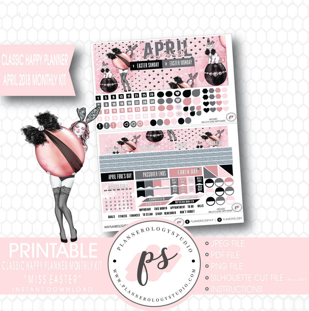 Miss Easter April 2018 Monthly View Kit Digital Printable Planner Stickers (for use with Classic Happy Planner) - Plannerologystudio