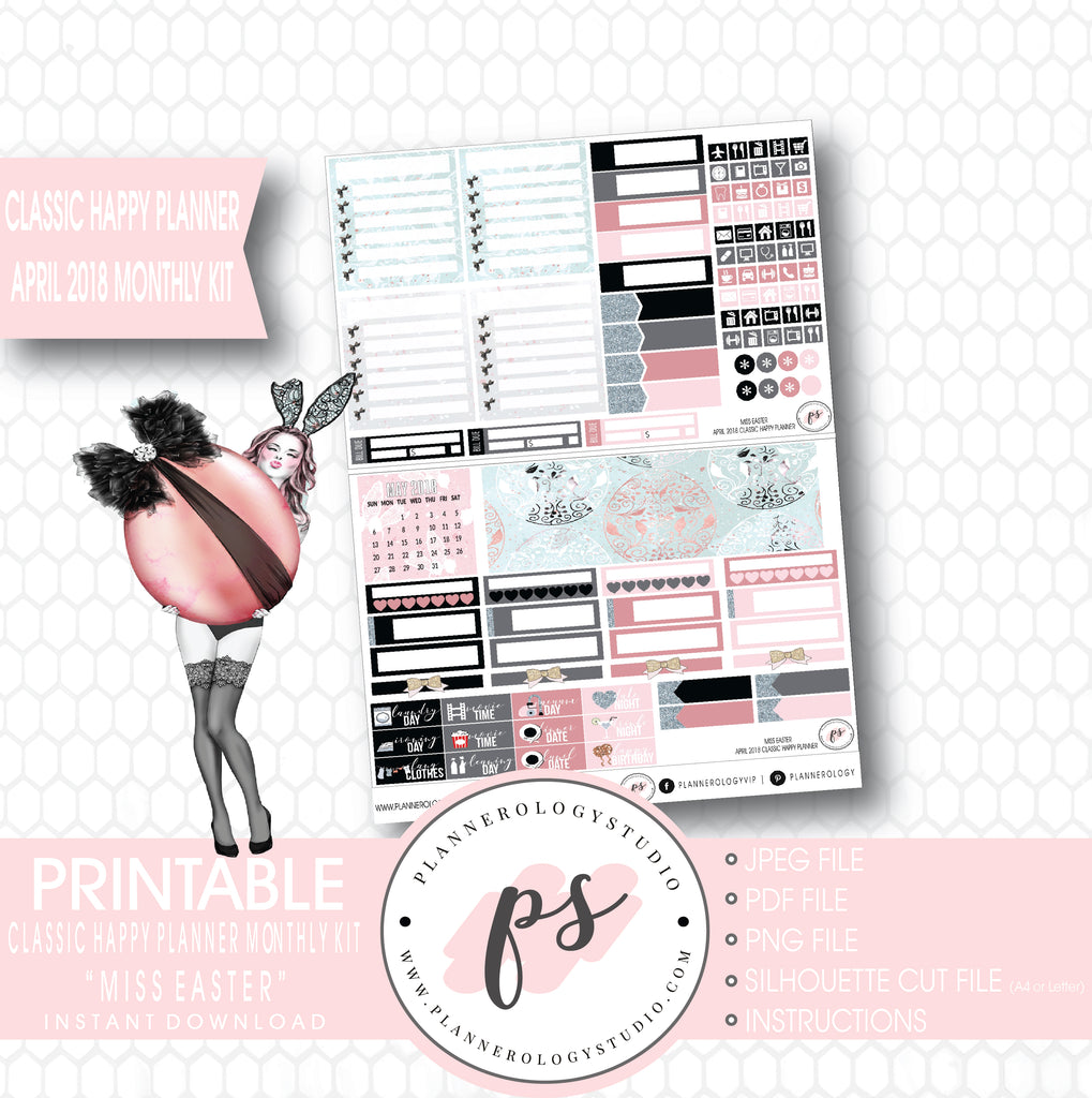 Miss Easter April 2018 Monthly View Kit Digital Printable Planner Stickers (for use with Classic Happy Planner) - Plannerologystudio