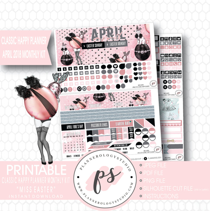 Miss Easter April 2018 Monthly View Kit Digital Printable Planner Stickers (for use with Classic Happy Planner) - Plannerologystudio