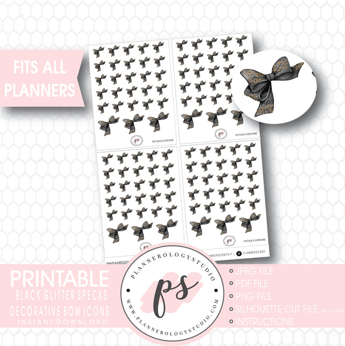 Black Glitter Specks Decorative Bow Icons Digital Printable Planner Stickers - Plannerologystudio