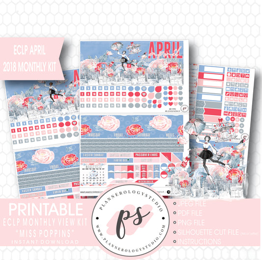 Miss Poppins (Mary Poppins) April 2018 Monthly View Kit Digital Printable Planner Stickers (for use with Erin Condren) - Plannerologystudio