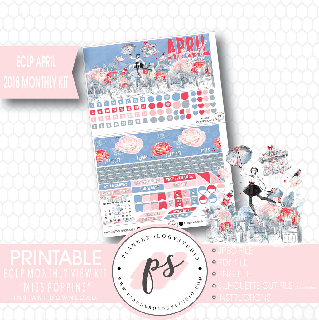 Miss Poppins (Mary Poppins) April 2018 Monthly View Kit Digital Printable Planner Stickers (for use with Erin Condren) - Plannerologystudio