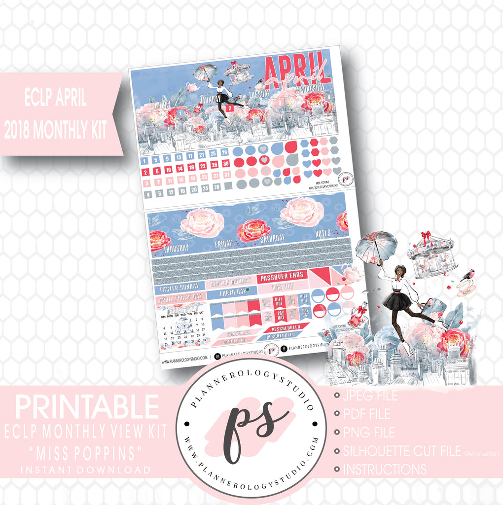 Miss Poppins (Mary Poppins) April 2018 Monthly View Kit Digital Printable Planner Stickers (for use with Erin Condren) - Plannerologystudio