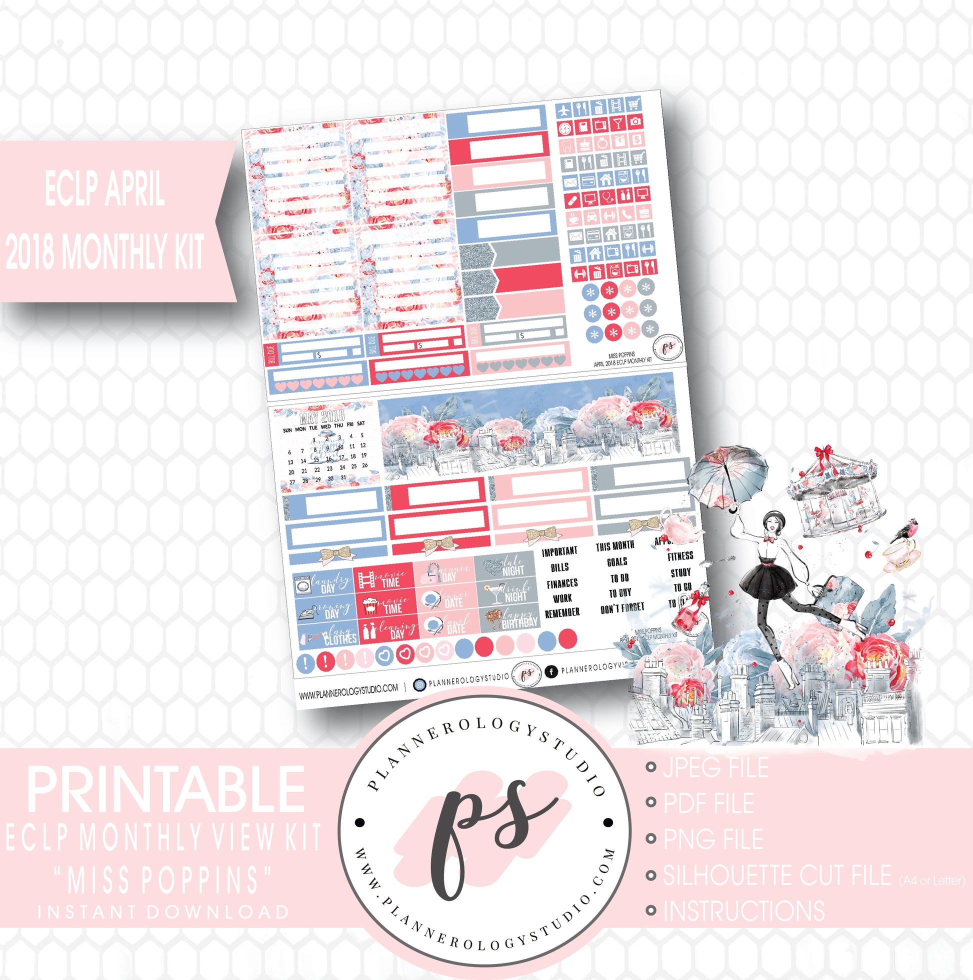 Miss Poppins (Mary Poppins) April 2018 Monthly View Kit Digital Printable Planner Stickers (for use with Erin Condren) - Plannerologystudio