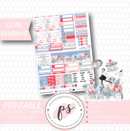 Miss Poppins (Mary Poppins) April 2018 Monthly View Kit Digital Printable Planner Stickers (for use with Erin Condren) - Plannerologystudio