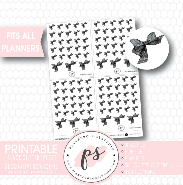 Black Silver Glitter Specks Decorative Bow Icons Digital Printable Planner Stickers - Plannerologystudio