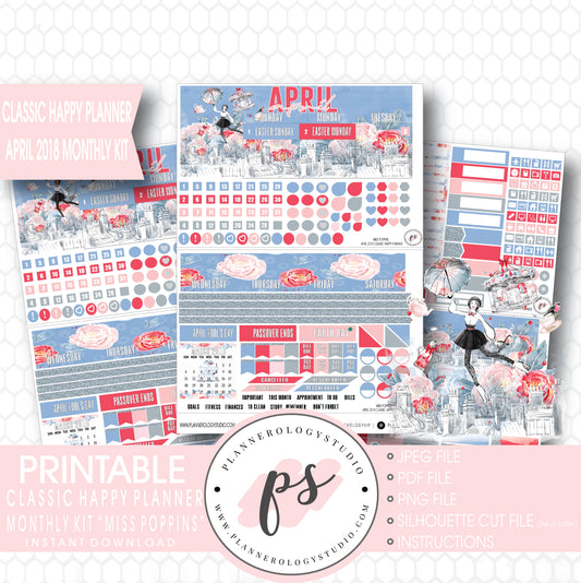 Miss Poppins (Mary Poppins) April 2018 Monthly View Kit Digital Printable Planner Stickers (for use with Classic Happy Planner) - Plannerologystudio