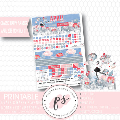 Miss Poppins (Mary Poppins) April 2018 Monthly View Kit Digital Printable Planner Stickers (for use with Classic Happy Planner) - Plannerologystudio