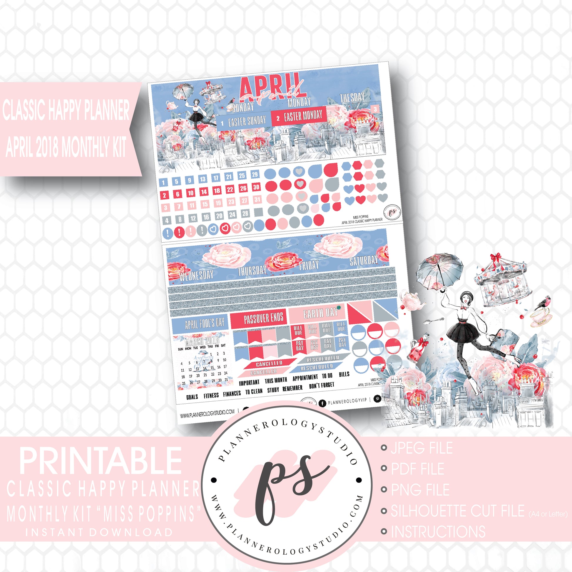 Miss Poppins (Mary Poppins) April 2018 Monthly View Kit Digital Printable Planner Stickers (for use with Classic Happy Planner) - Plannerologystudio