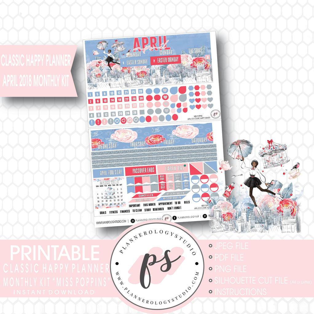 Miss Poppins (Mary Poppins) April 2018 Monthly View Kit Digital Printable Planner Stickers (for use with Classic Happy Planner) - Plannerologystudio
