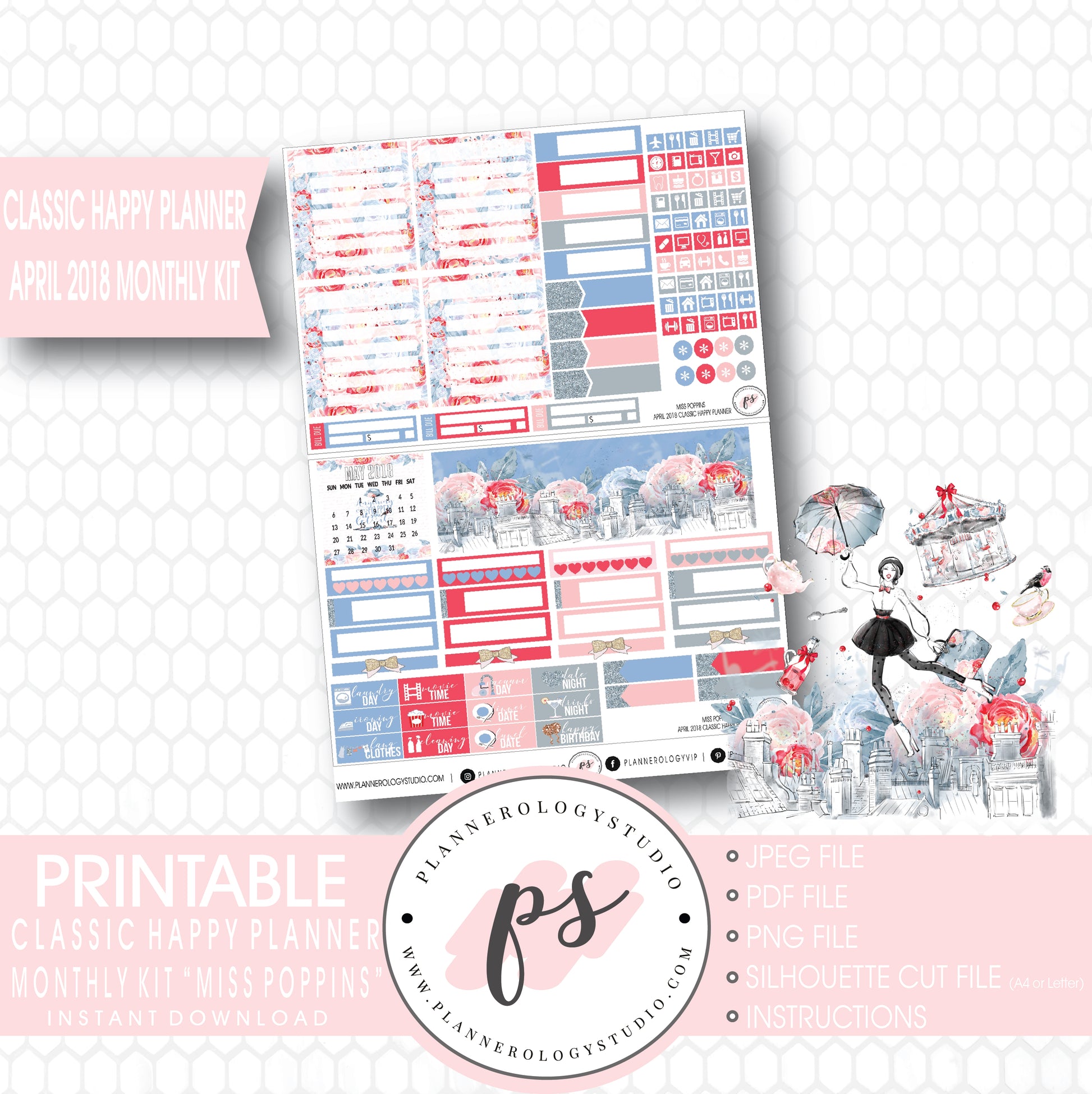 Miss Poppins (Mary Poppins) April 2018 Monthly View Kit Digital Printable Planner Stickers (for use with Classic Happy Planner) - Plannerologystudio