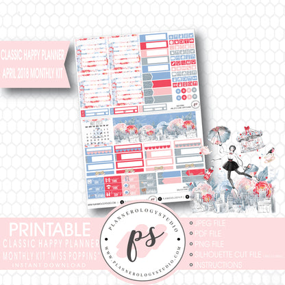 Miss Poppins (Mary Poppins) April 2018 Monthly View Kit Digital Printable Planner Stickers (for use with Classic Happy Planner) - Plannerologystudio