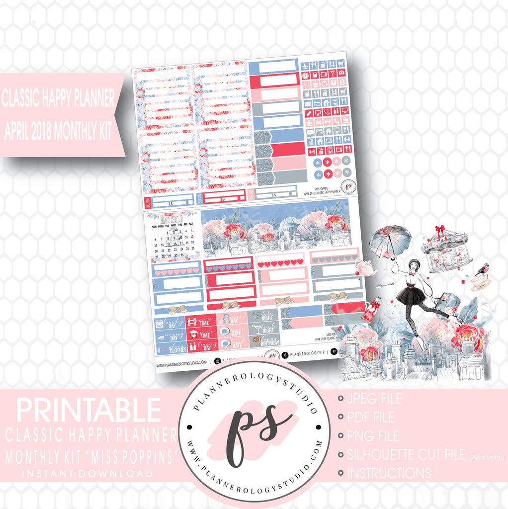 Miss Poppins (Mary Poppins) April 2018 Monthly View Kit Digital Printable Planner Stickers (for use with Classic Happy Planner) - Plannerologystudio