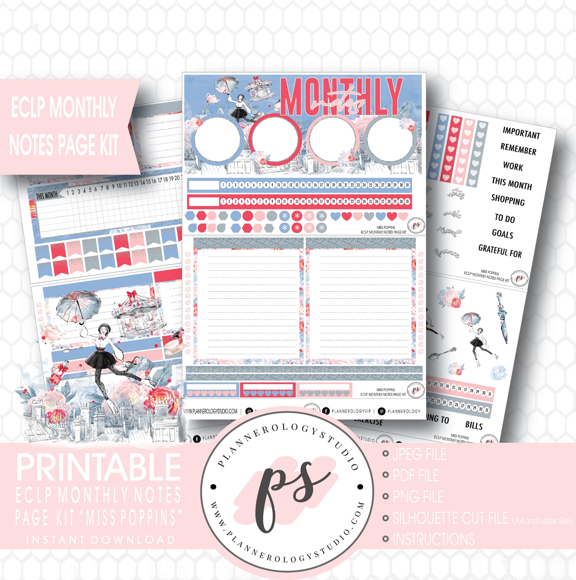 Miss Poppins (Mary Poppins) Monthly Notes Page Kit Digital Printable Planner Stickers (for use with ECLP) - Plannerologystudio