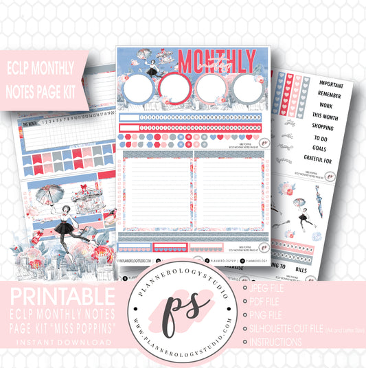 Miss Poppins (Mary Poppins) Monthly Notes Page Kit Digital Printable Planner Stickers (for use with ECLP) - Plannerologystudio