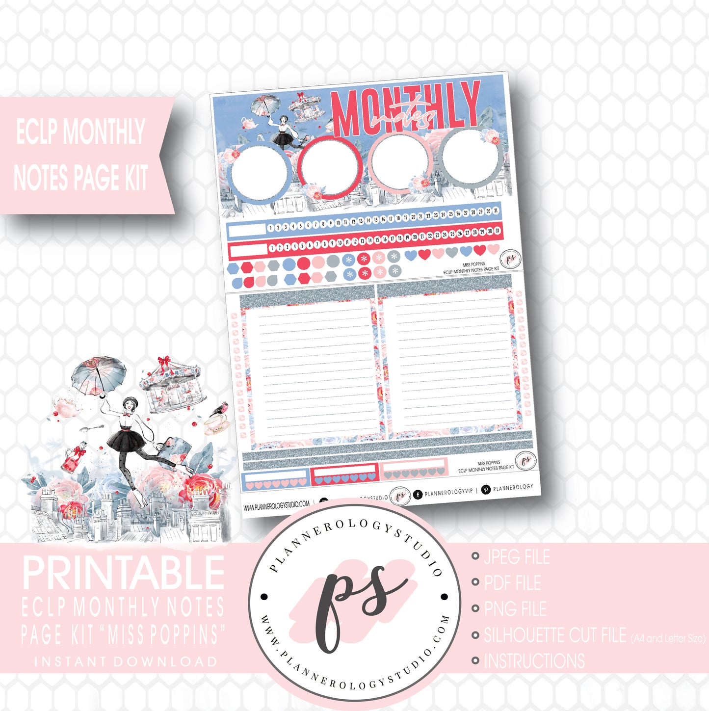 Miss Poppins (Mary Poppins) Monthly Notes Page Kit Digital Printable Planner Stickers (for use with ECLP) - Plannerologystudio