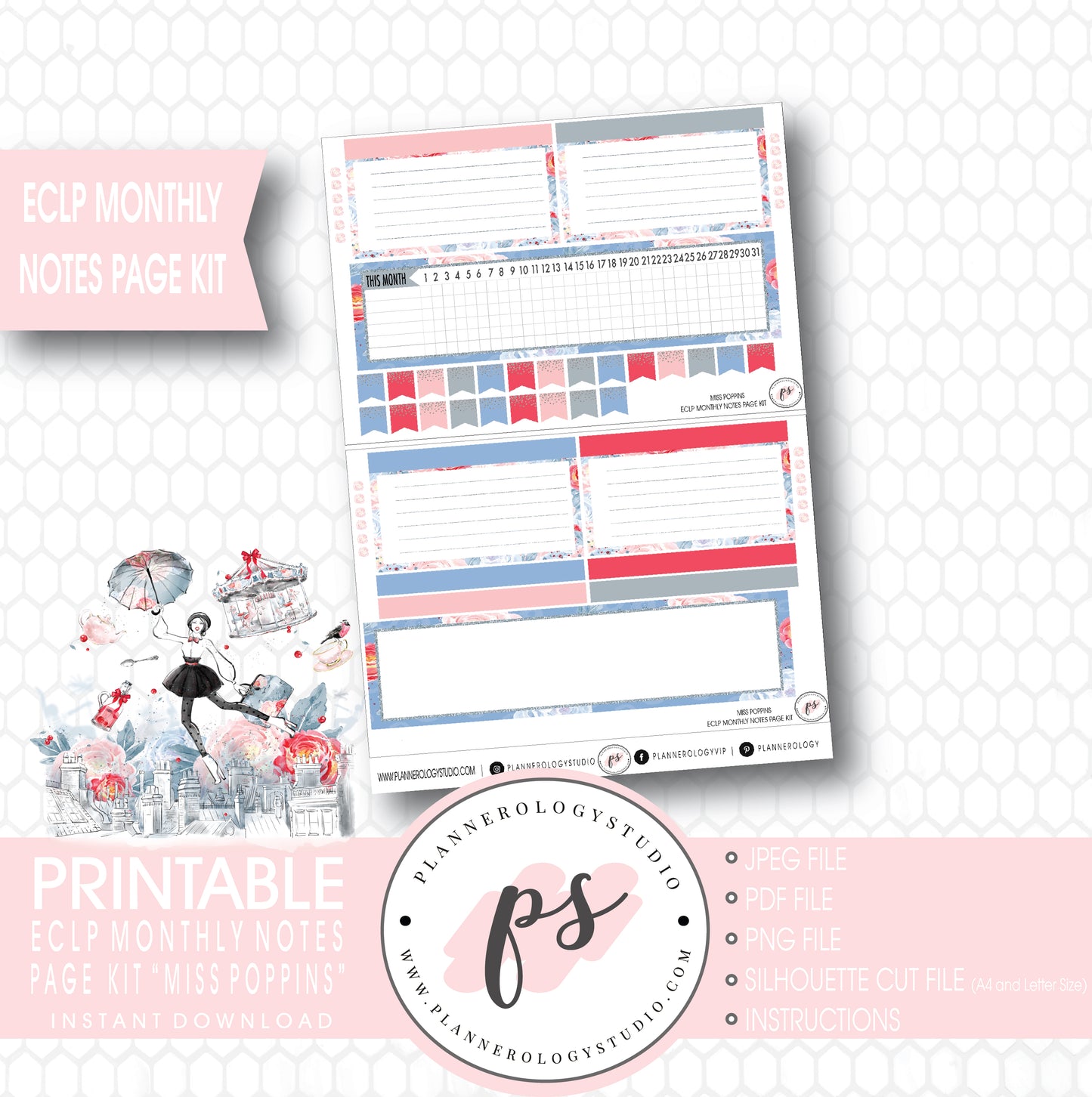Miss Poppins (Mary Poppins) Monthly Notes Page Kit Digital Printable Planner Stickers (for use with ECLP) - Plannerologystudio