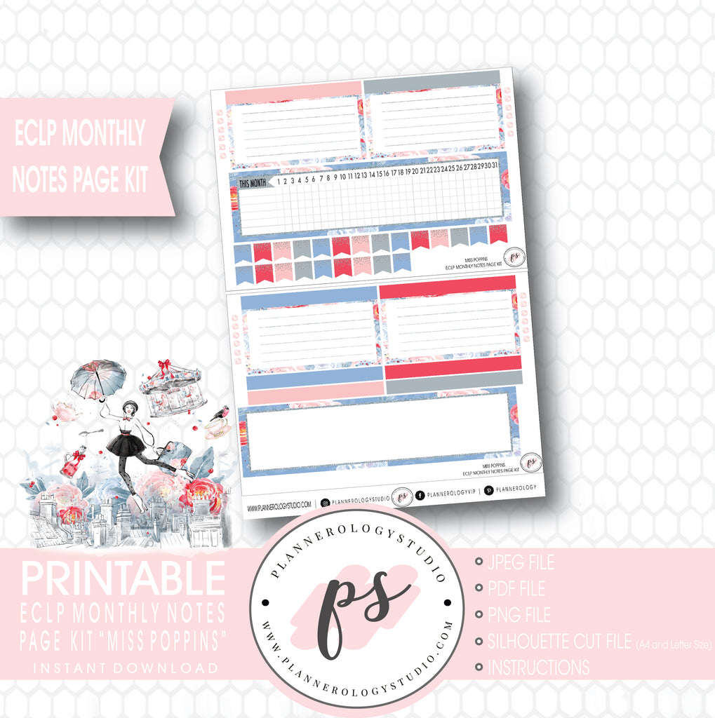 Miss Poppins (Mary Poppins) Monthly Notes Page Kit Digital Printable Planner Stickers (for use with ECLP) - Plannerologystudio