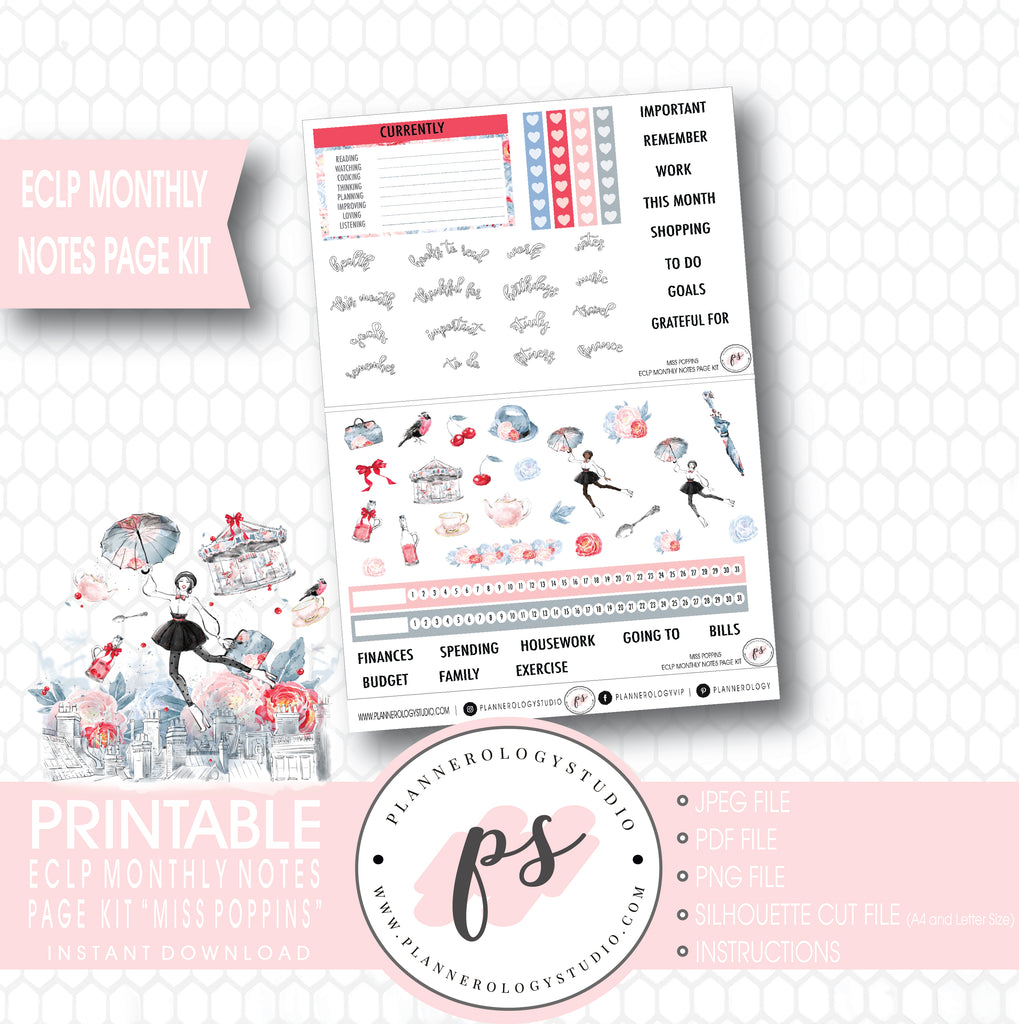 Miss Poppins (Mary Poppins) Monthly Notes Page Kit Digital Printable Planner Stickers (for use with ECLP) - Plannerologystudio
