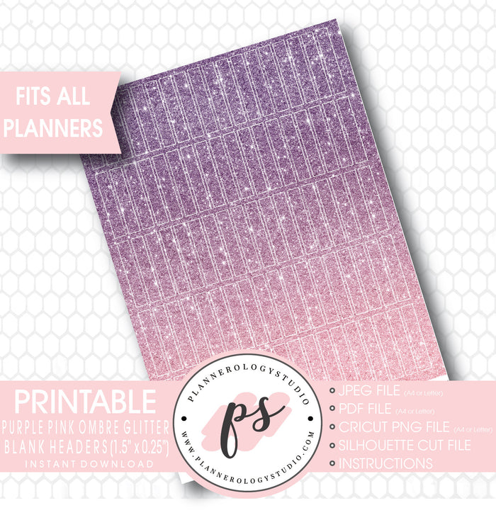 Purple/Pink Ombre Glitter Blank Header Printable Planner Stickers - Plannerologystudio