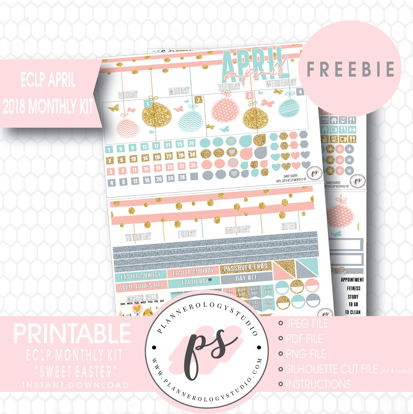 Sweet Easter ECLP Erin Condren April 2018 Monthly Kit Digital Printable Planner Stickers (PDF/JPG/PNG/Silhouette Cut File Freebie) - Plannerologystudio