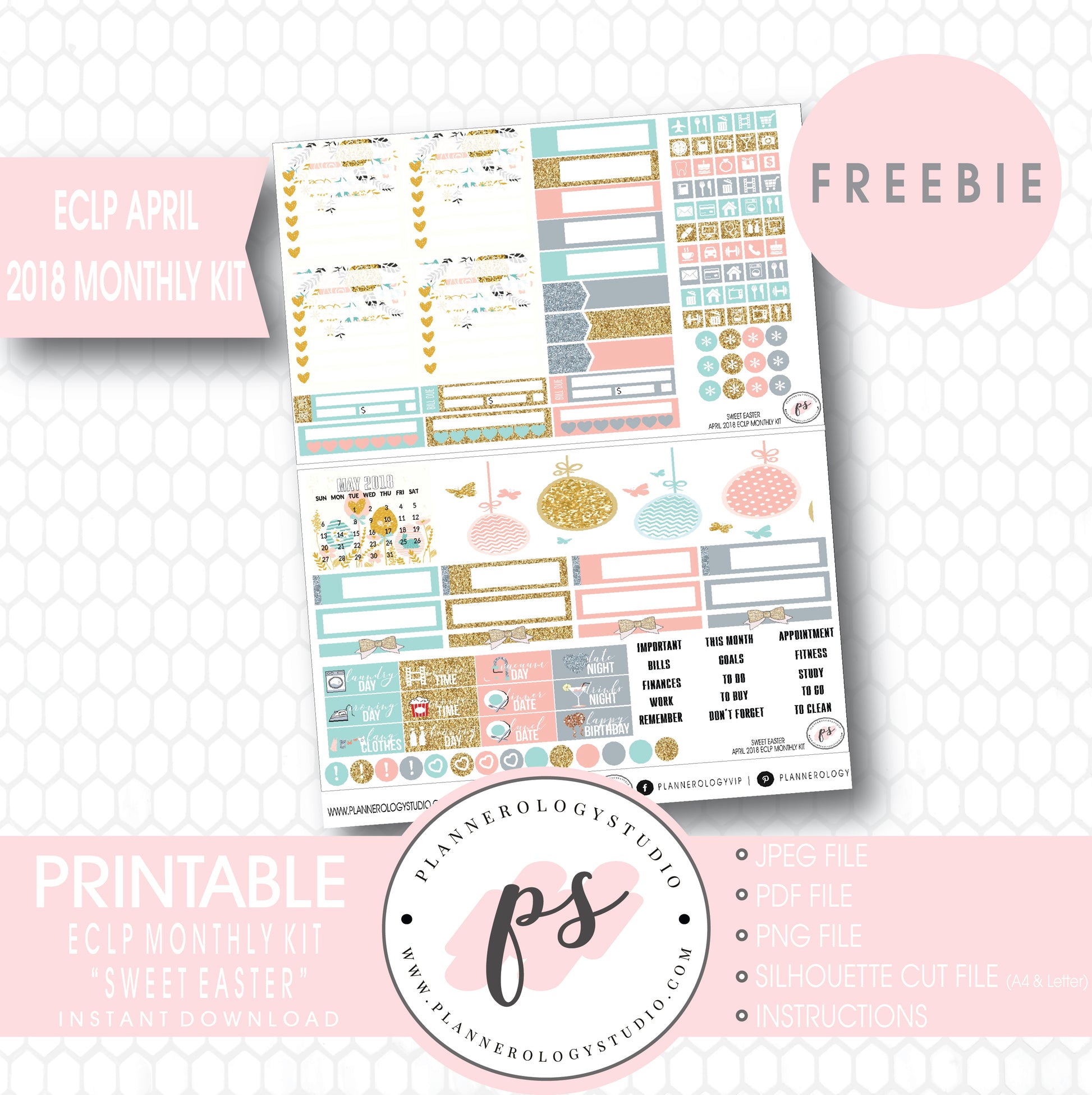 Sweet Easter ECLP Erin Condren April 2018 Monthly Kit Digital Printable Planner Stickers (PDF/JPG/PNG/Silhouette Cut File Freebie) - Plannerologystudio