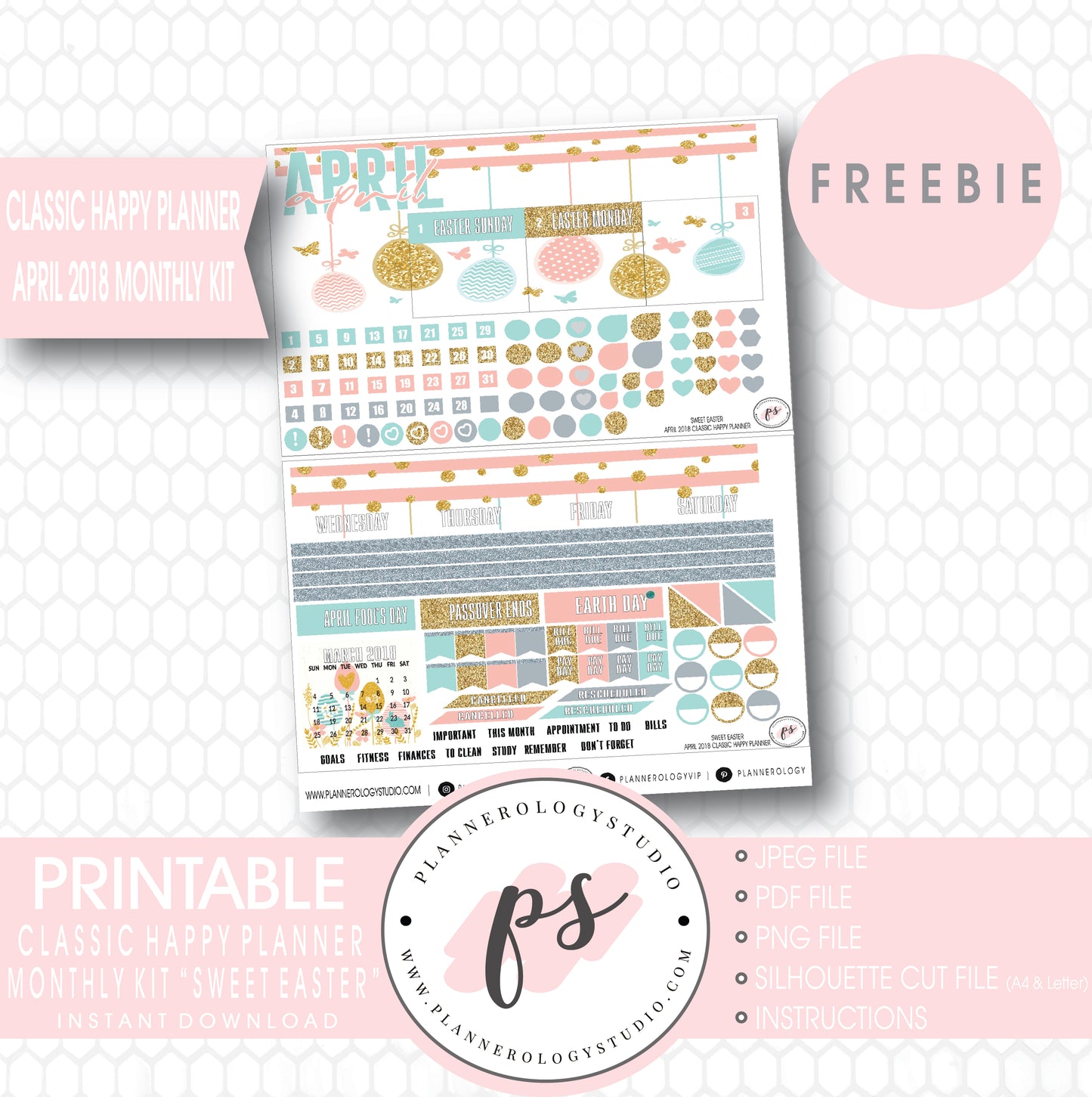 Sweet Easter Classic Happy Planner April 2018 Monthly Kit Digital Printable Planner Stickers (PDF/JPG/PNG/Silhouette Cut File Freebie) - Plannerologystudio